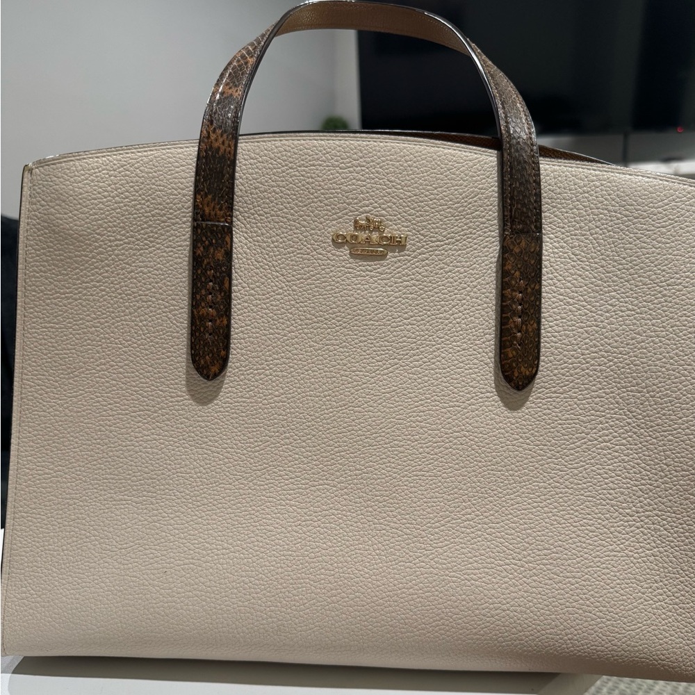 Used Coach Cream and Brown Leather Tote